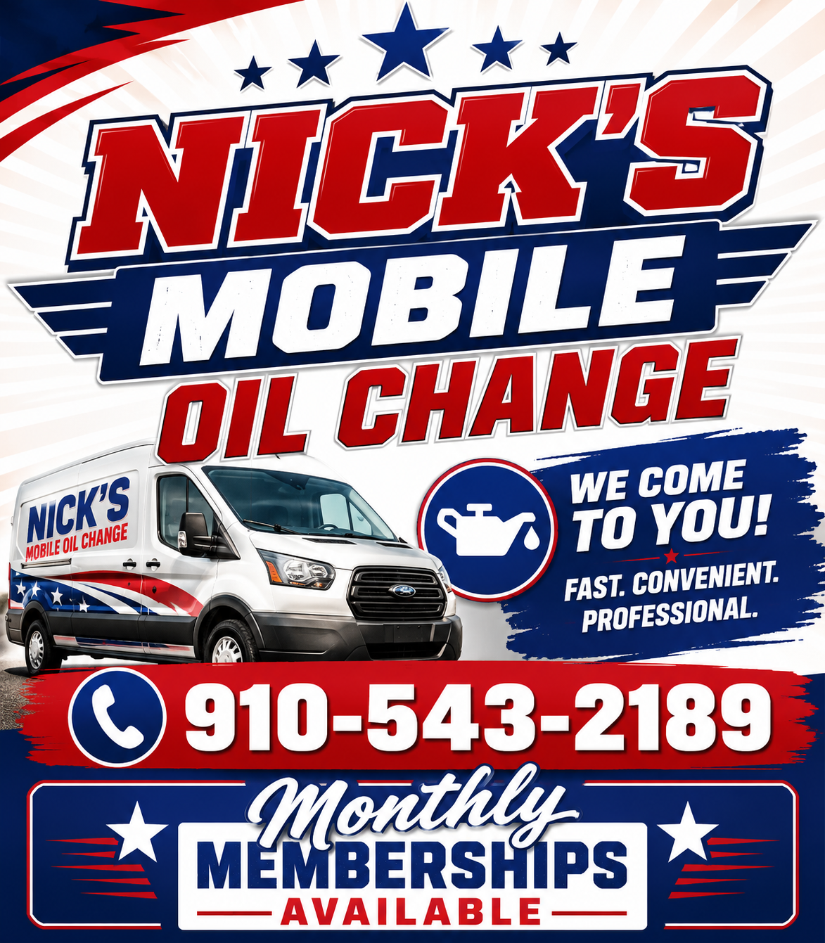 Professional 9x12 postcard design for Nick's Mobile Oil Change