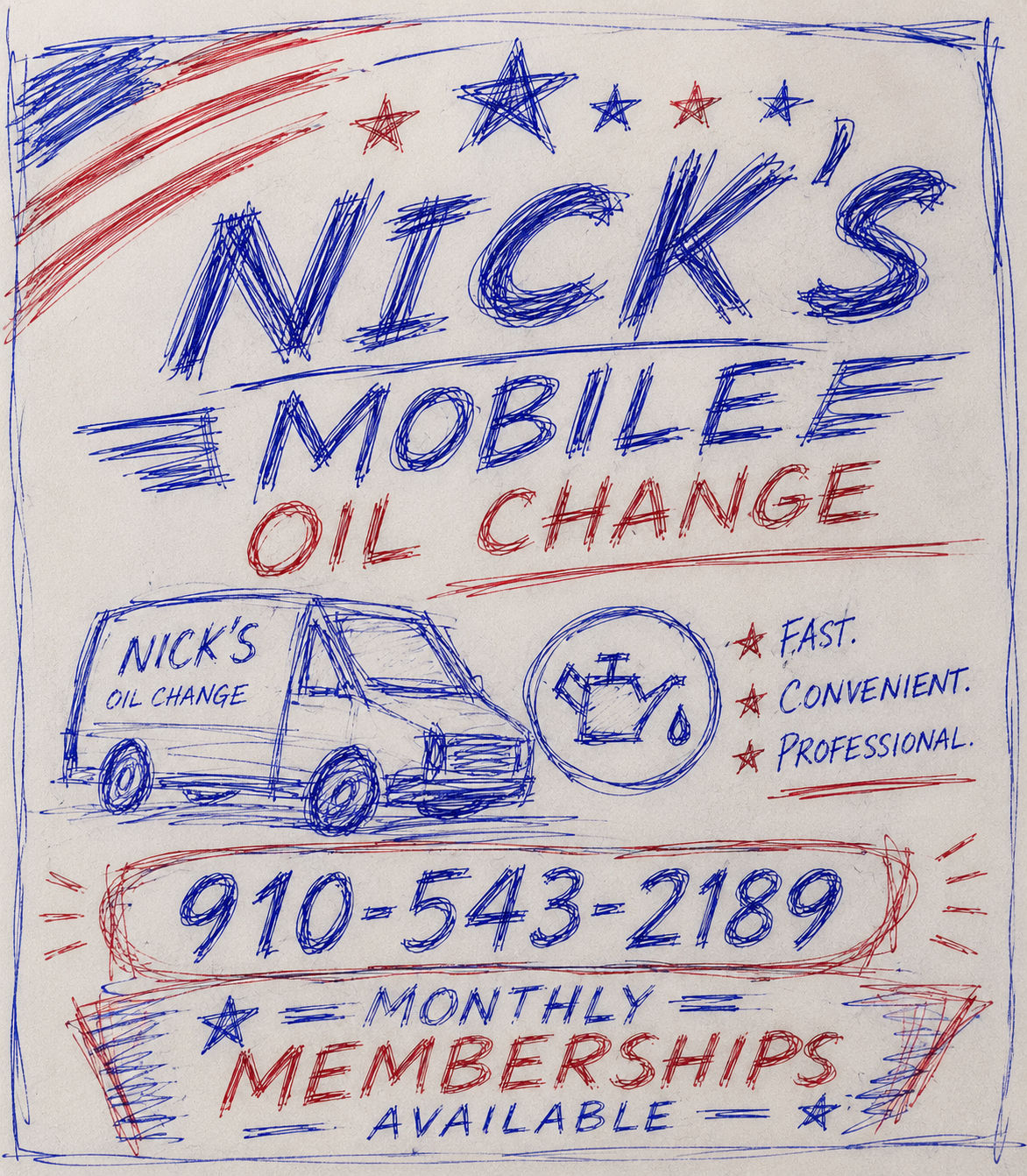 Hand-drawn sketch for Nick's Mobile Oil Change